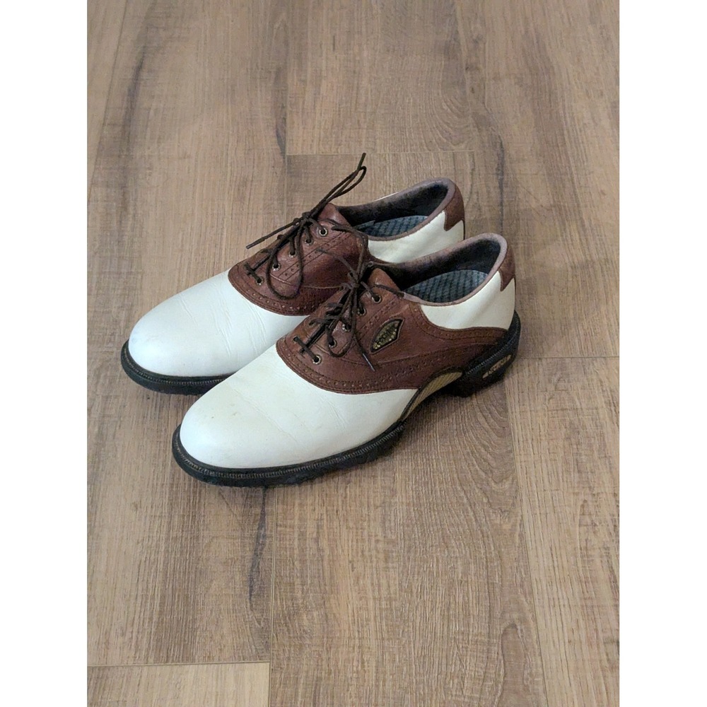 FootJoy DryJoys Golf Shoes Mens 9.5 M Brown White Leather Saddle Spikes 53410